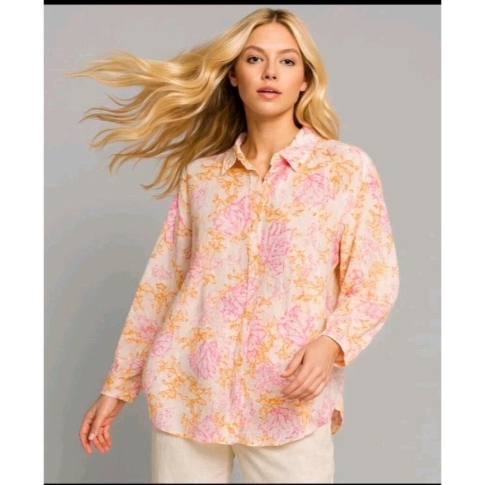 J Jill Love Linen Button Down Shirt Pink Orange Floral Long Sleeve Coastal Large